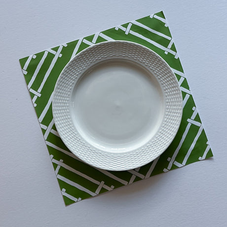 White and green paper placemats featuring a white bamboo pattern called Island House by Madcap Cottage