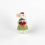 Felt Christmas mouse ornament holding a Christmas pudding on a white background