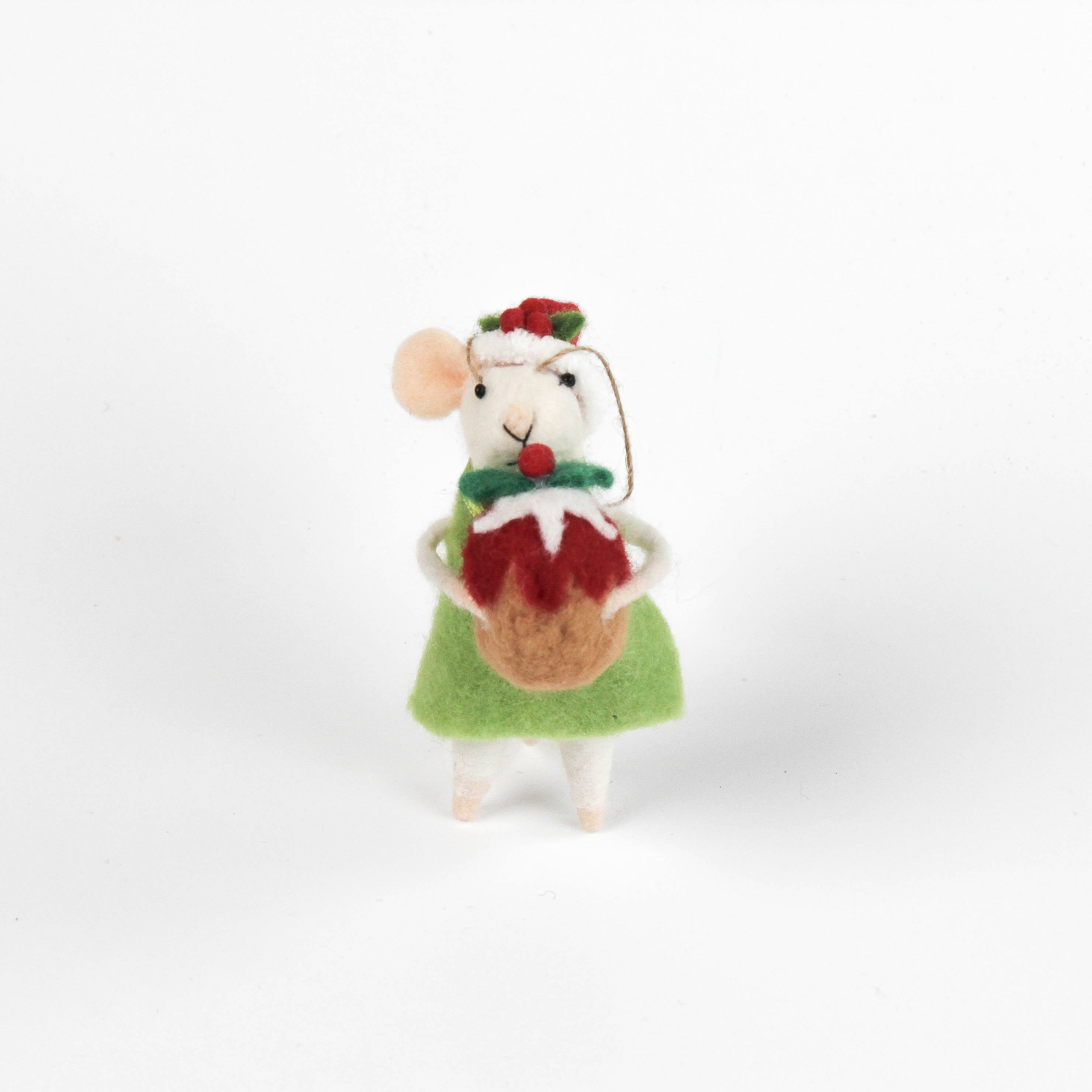 Felt Christmas mouse ornament holding a Christmas pudding on a white background