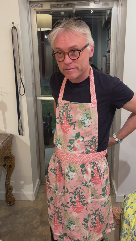 john Loecke madcap cottage wearing pink chinoiserie apron