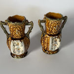 Vintage 1800s Brown English Ceramic Small Handled Vases, Pair