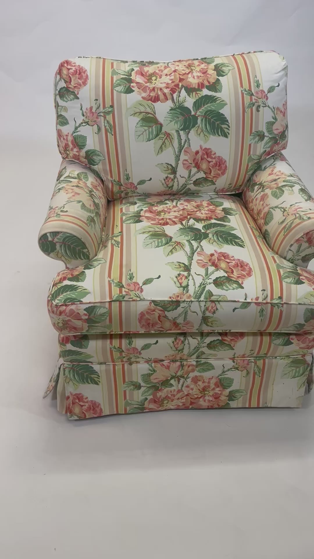 Vintage Roses Striped Chintz Overstuffed Armchair