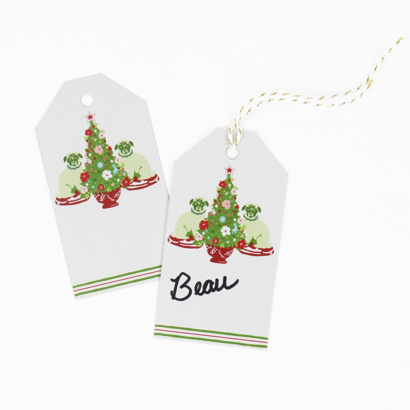 2 gift tags with christmas tree and pugs design with white space for personalized message