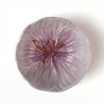 top view of a purple flower shaped bowl on a white background