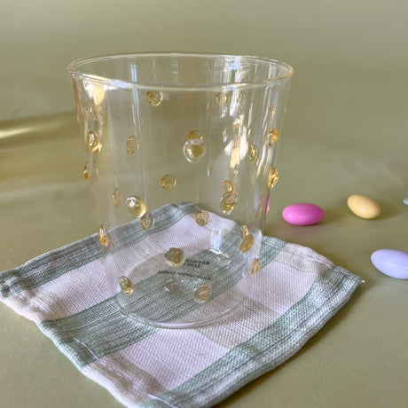 three-dimensional drinking glasses with yellow colored raised dots 