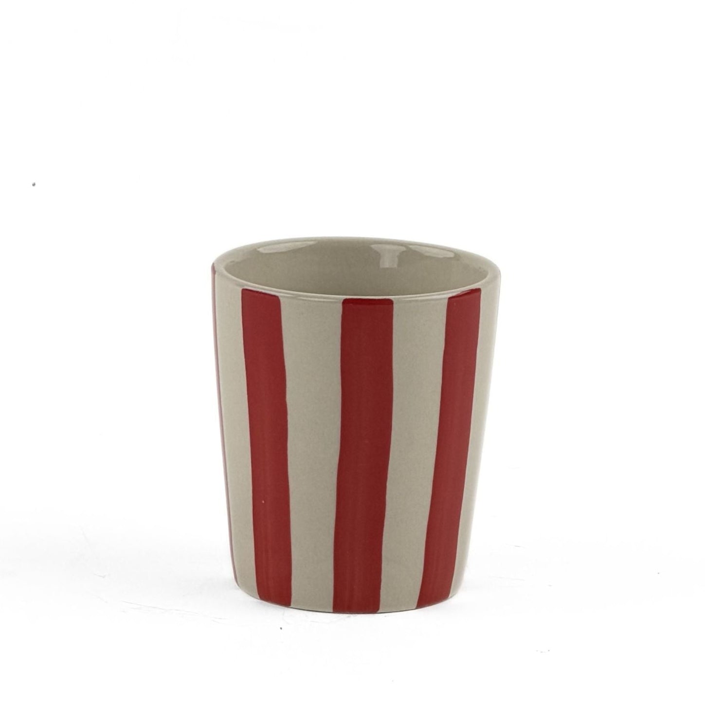 a Red Hand-Painted Striped Ceramic Cup in a white background