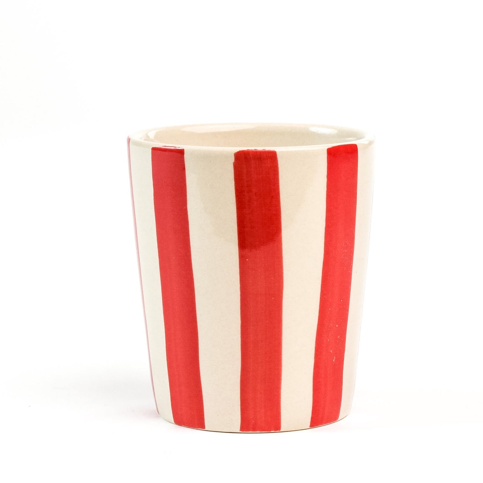 a Red Hand-Painted Striped Ceramic Cup in a white background