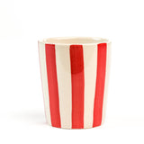 a Red Hand-Painted Striped Ceramic Cup in a white background