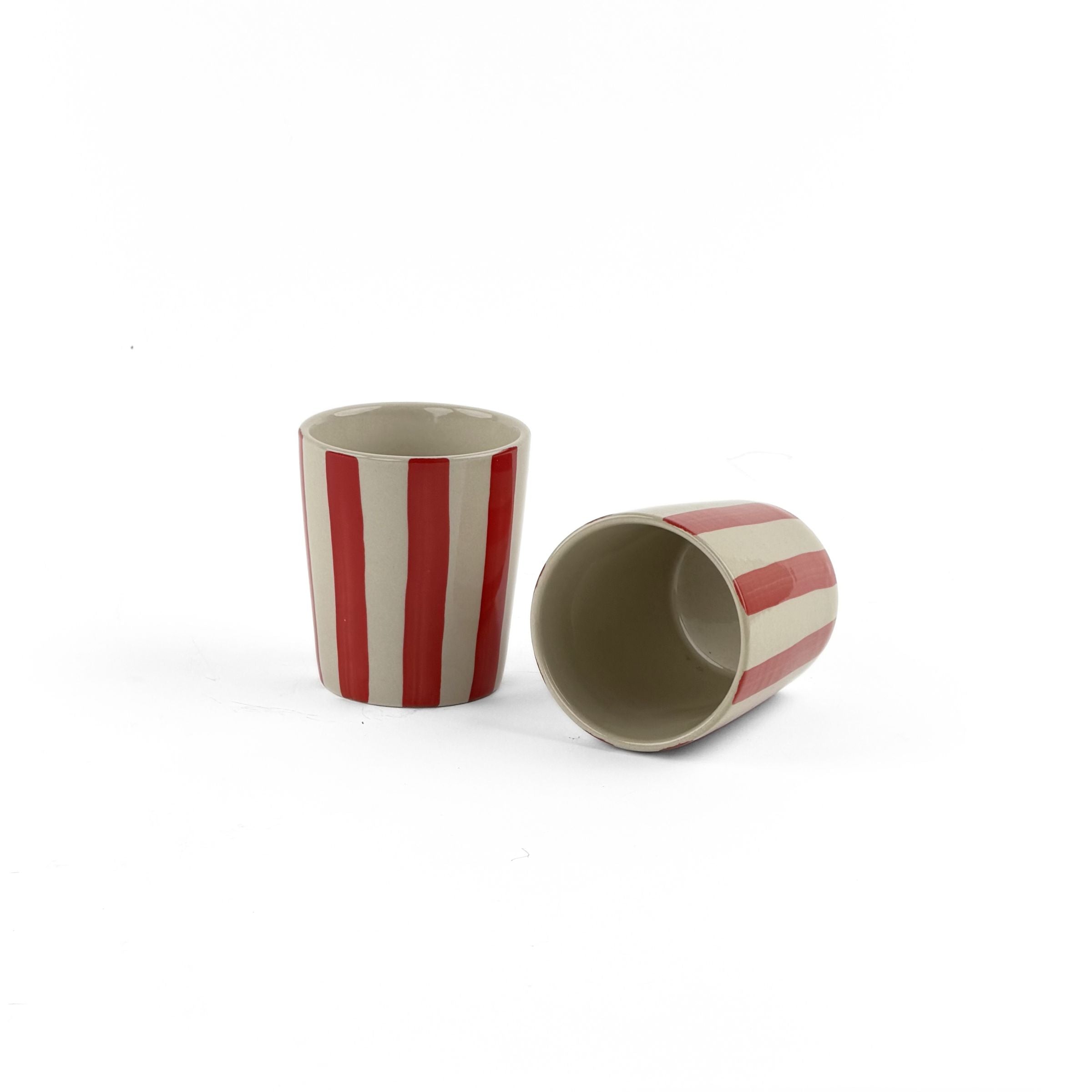 2 Red Hand-Painted Striped Ceramic Cup in a white background