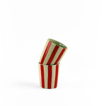 2 stacked Red Hand-Painted Striped Ceramic Cups in a white background