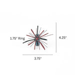 Red Starburst patriotic napkin ring measuring 3.75 inches wide and 4.25 inches high with 1.75 inch ring.