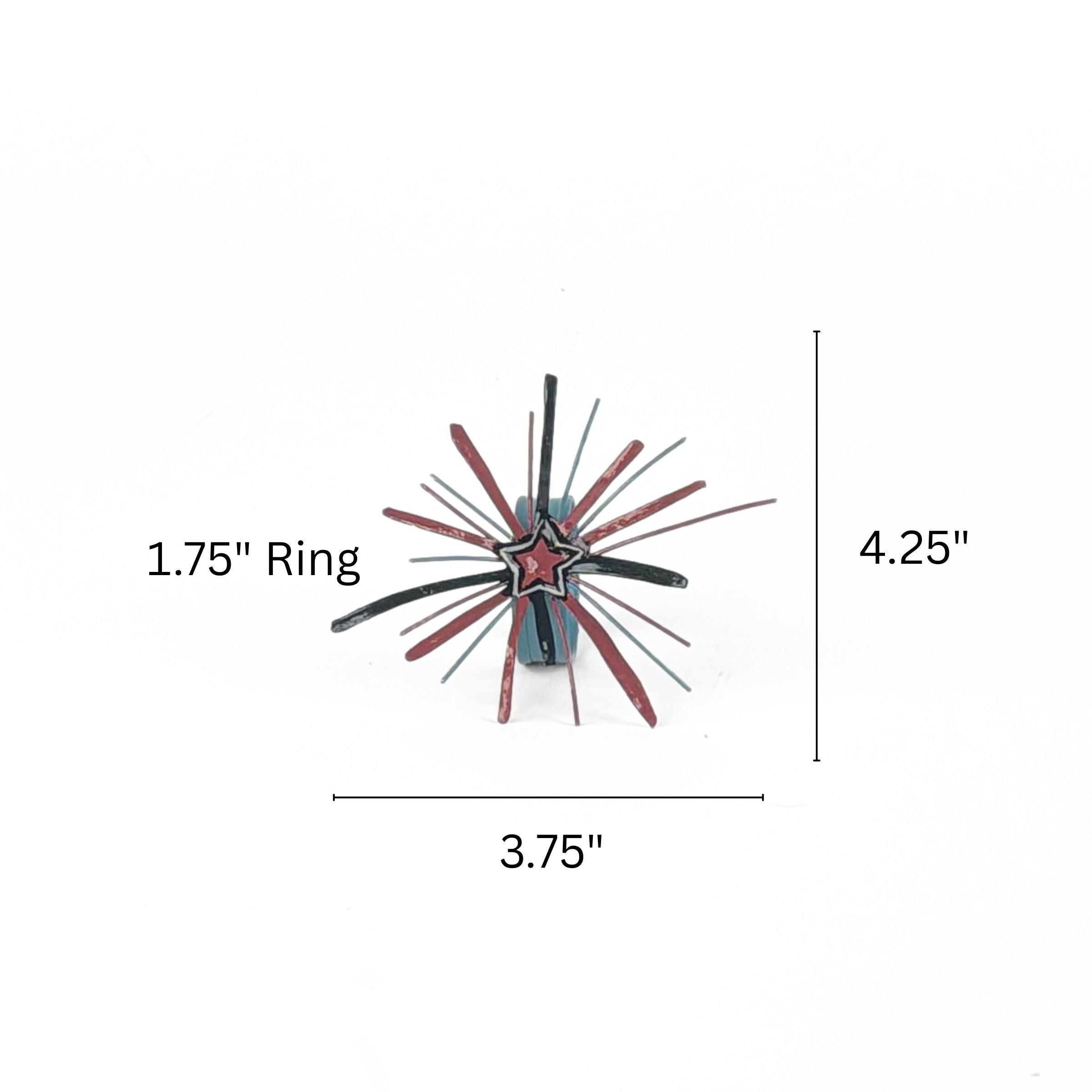 Red Starburst patriotic napkin ring measuring 3.75 inches wide and 4.25 inches high with 1.75 inch ring.