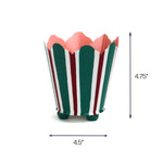 ed and green striped metal cachepot planter, 4.75 inch tall and 4.5 inch wide decorative planter