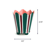 ed and green striped metal cachepot planter, 4.75 inch tall and 4.5 inch wide decorative planter