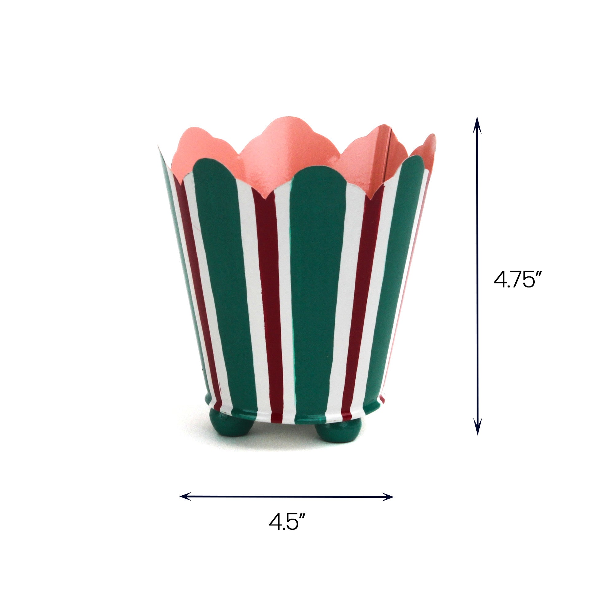 ed and green striped metal cachepot planter, 4.75 inch tall and 4.5 inch wide decorative planter