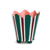 Red and green striped tole cachepot with scalloped rim and pink interior, standing upright.