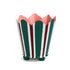 Red and green striped tole cachepot with scalloped rim and pink interior, standing upright.