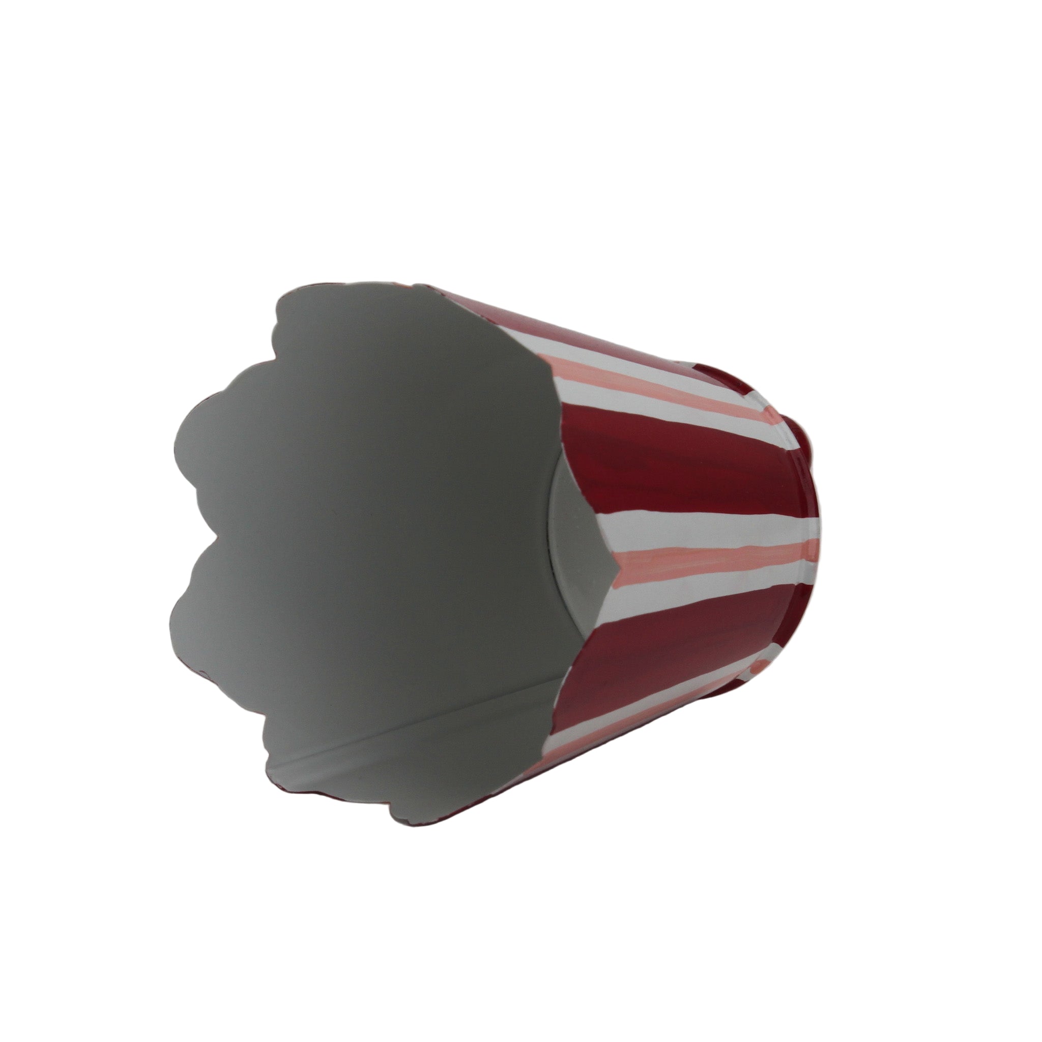 Tole cachepot with red and pink hand-painted stripes and scalloped edge, shown on its side to display interior.