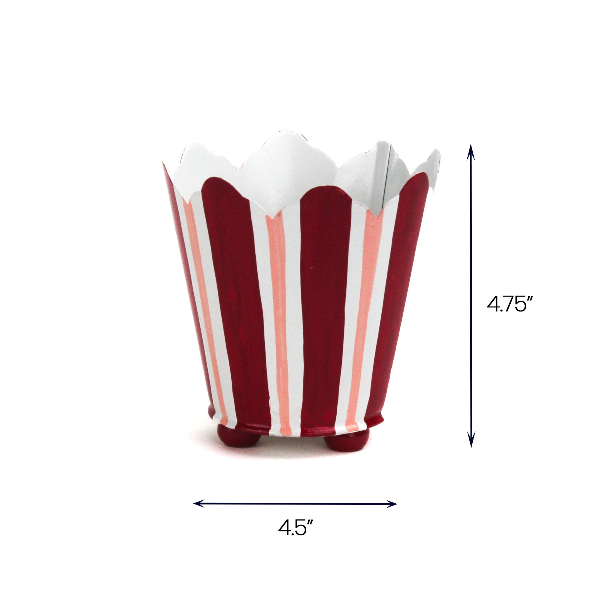 Red and pink striped metal cachepot planter, 4.75 inch and 4.5 inch tall decorative planter