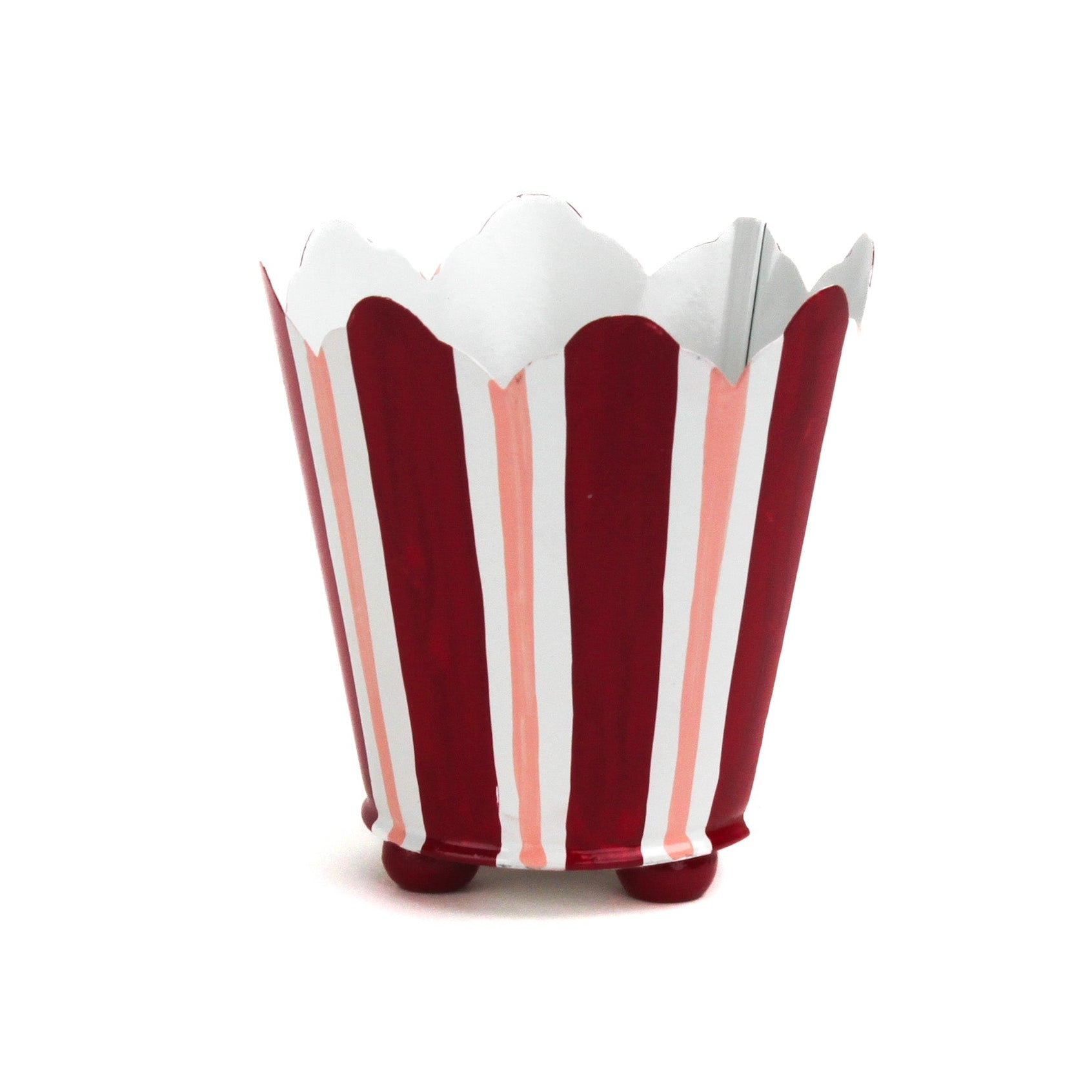 Red and pink striped tole cachepot with scalloped rim, standing upright.