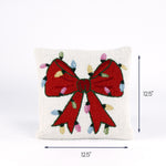 Red bow Christmas throw pillow with holiday lights detail, 12.5" x 12.5"