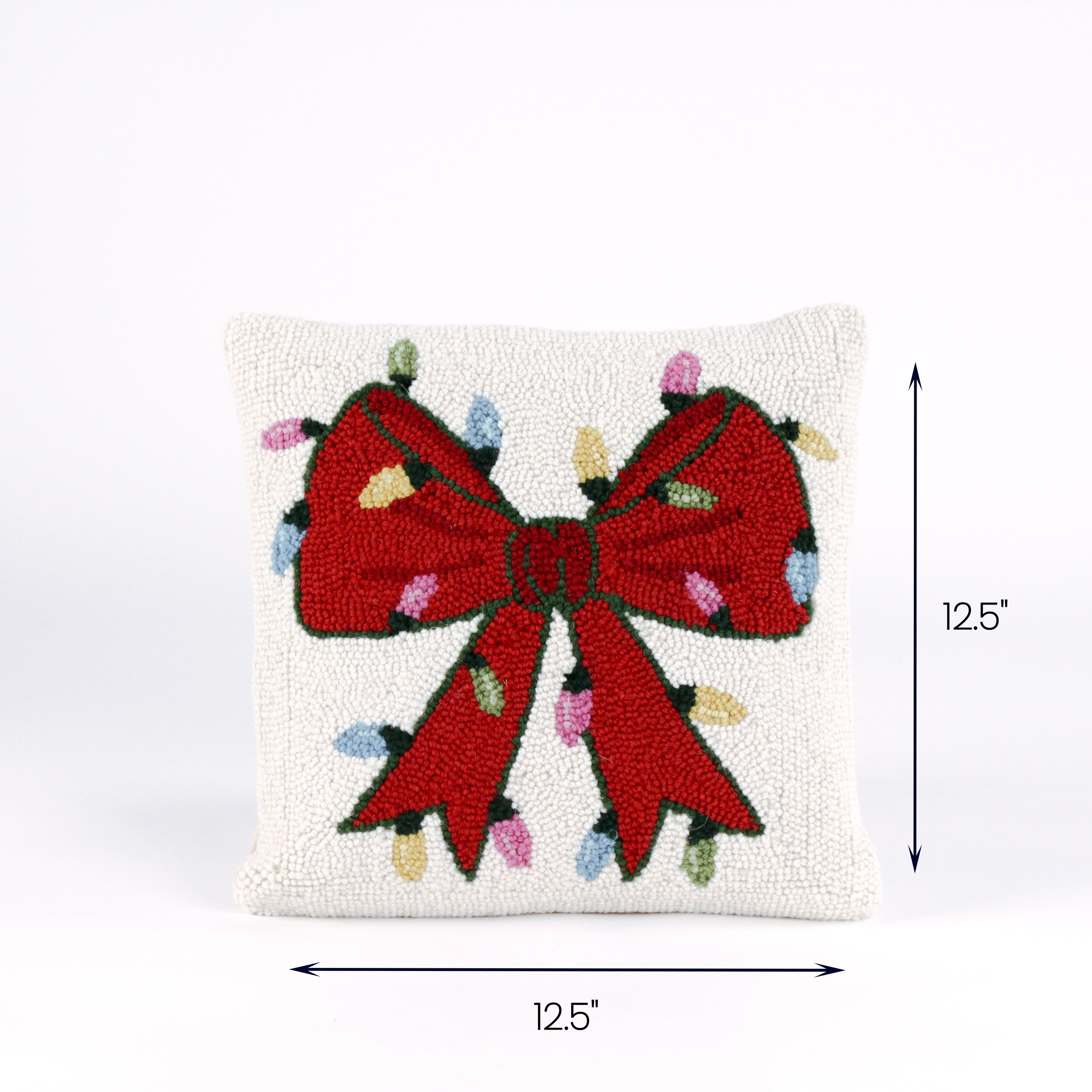 Red bow Christmas throw pillow with holiday lights detail, 12.5" x 12.5"
