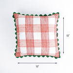 Red gingham plaid throw pillow with green scalloped trim, 19" x 19"