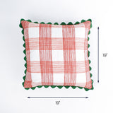 Red gingham plaid throw pillow with green scalloped trim, 19" x 19"