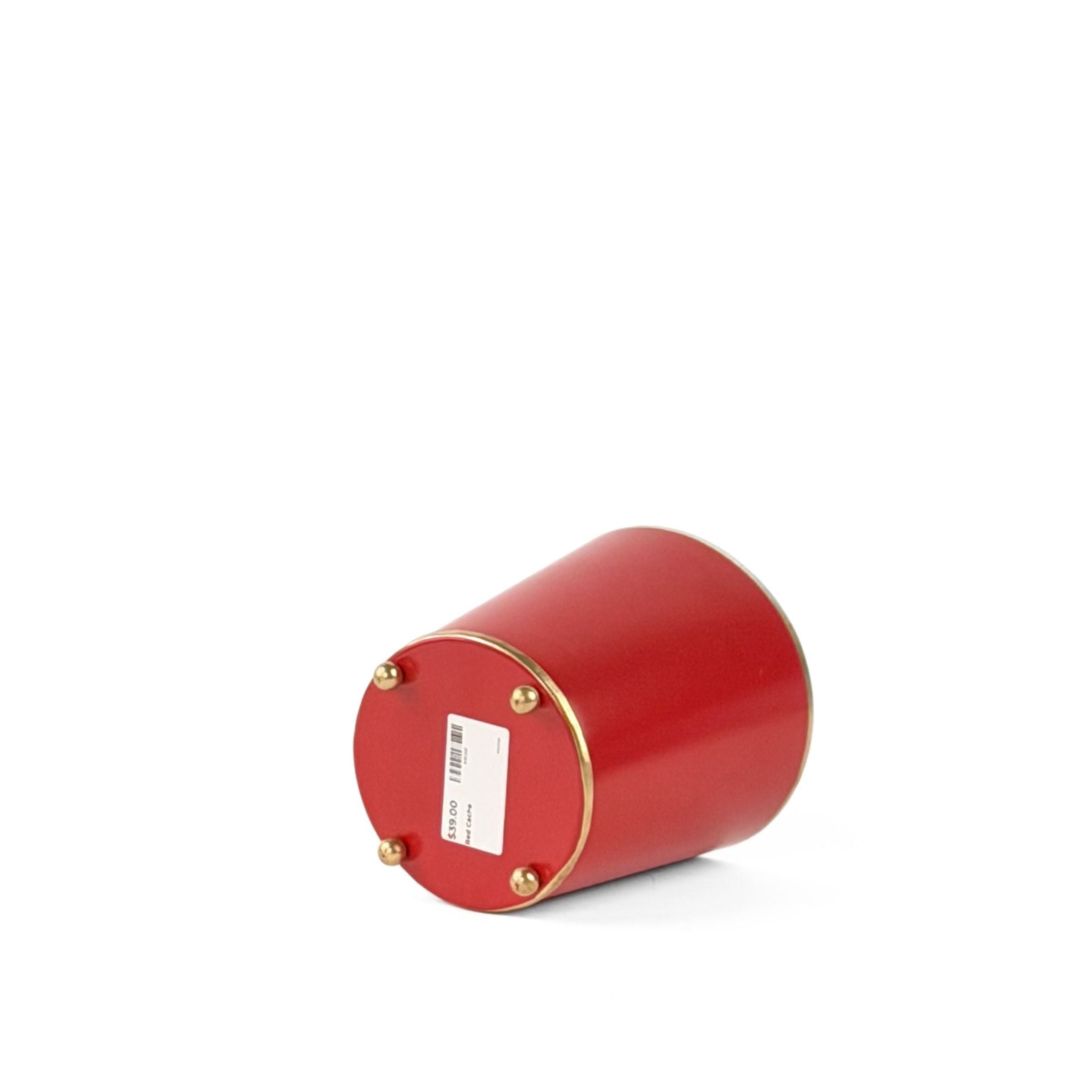 Red gold large tole metal cachepot bottom view on a whitebackground
