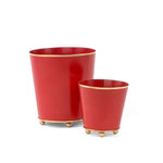 Red gold large tole metal cachepot set  and decorative gold ball feet on a white background

