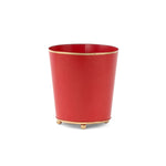 Red gold large tole metal cachepot with gold base and trim on a white background