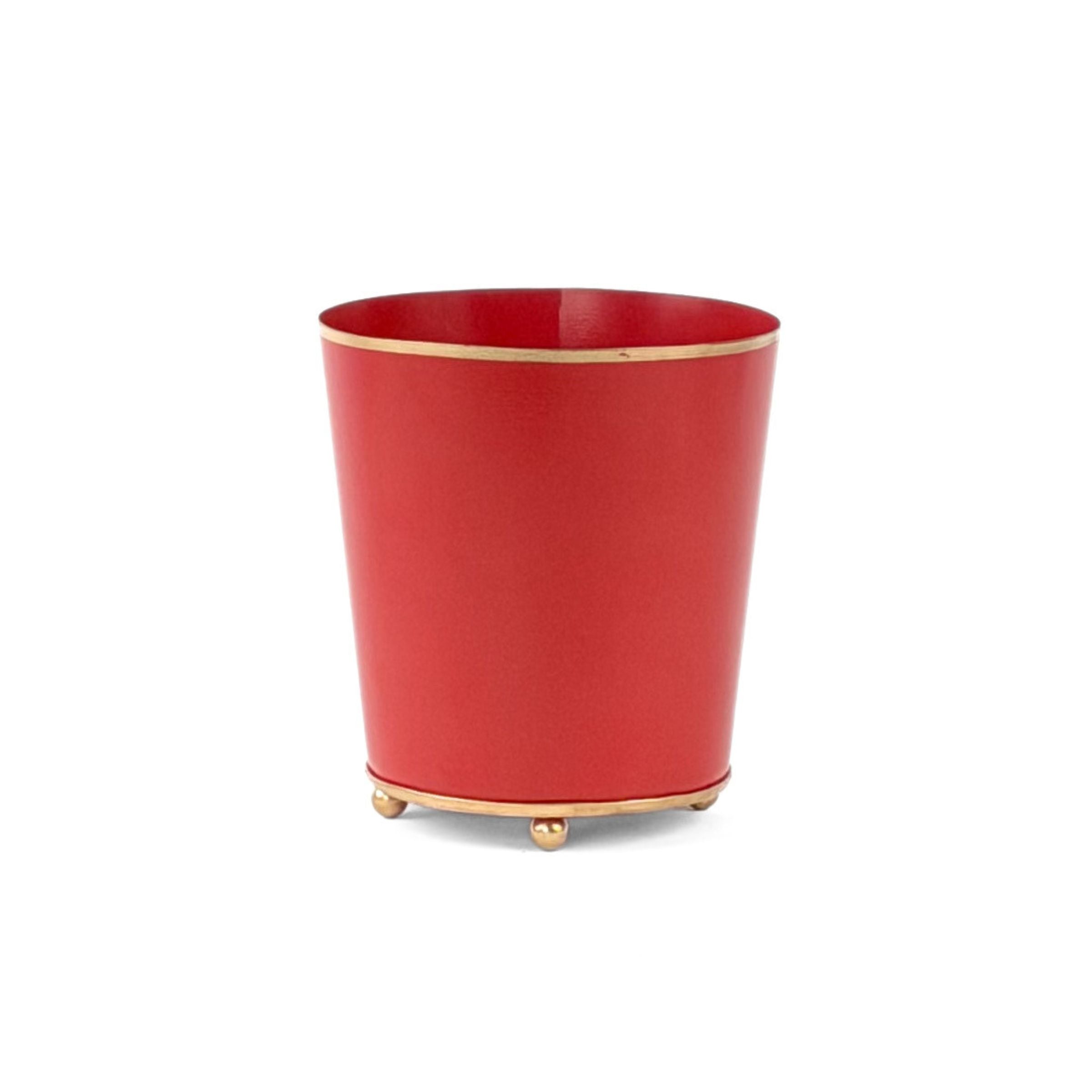 Red gold large tole metal cachepot with gold base and trim on a white background