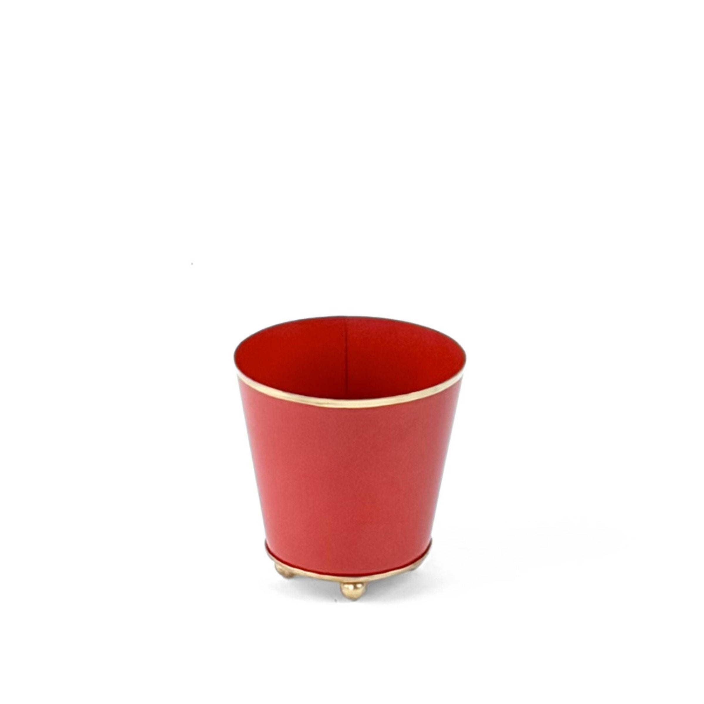 Red gold small tole metal cachepot on a white background