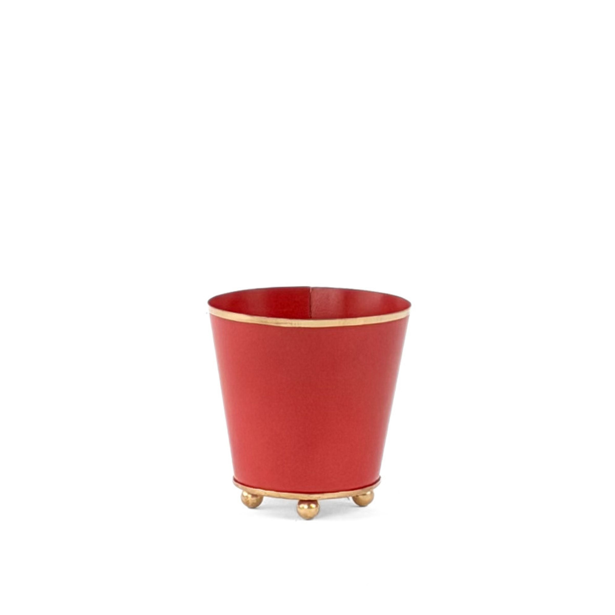Red gold small tole metal cachepot on a white background