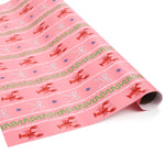 roll of a Pink wrapping paper roll with a festive pattern featuring lobsters, bows, and decorative stripes.