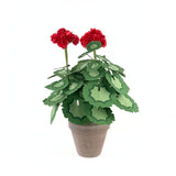 Artificial red geranium plant in a brown pot with layered green leaves, displayed on a white background