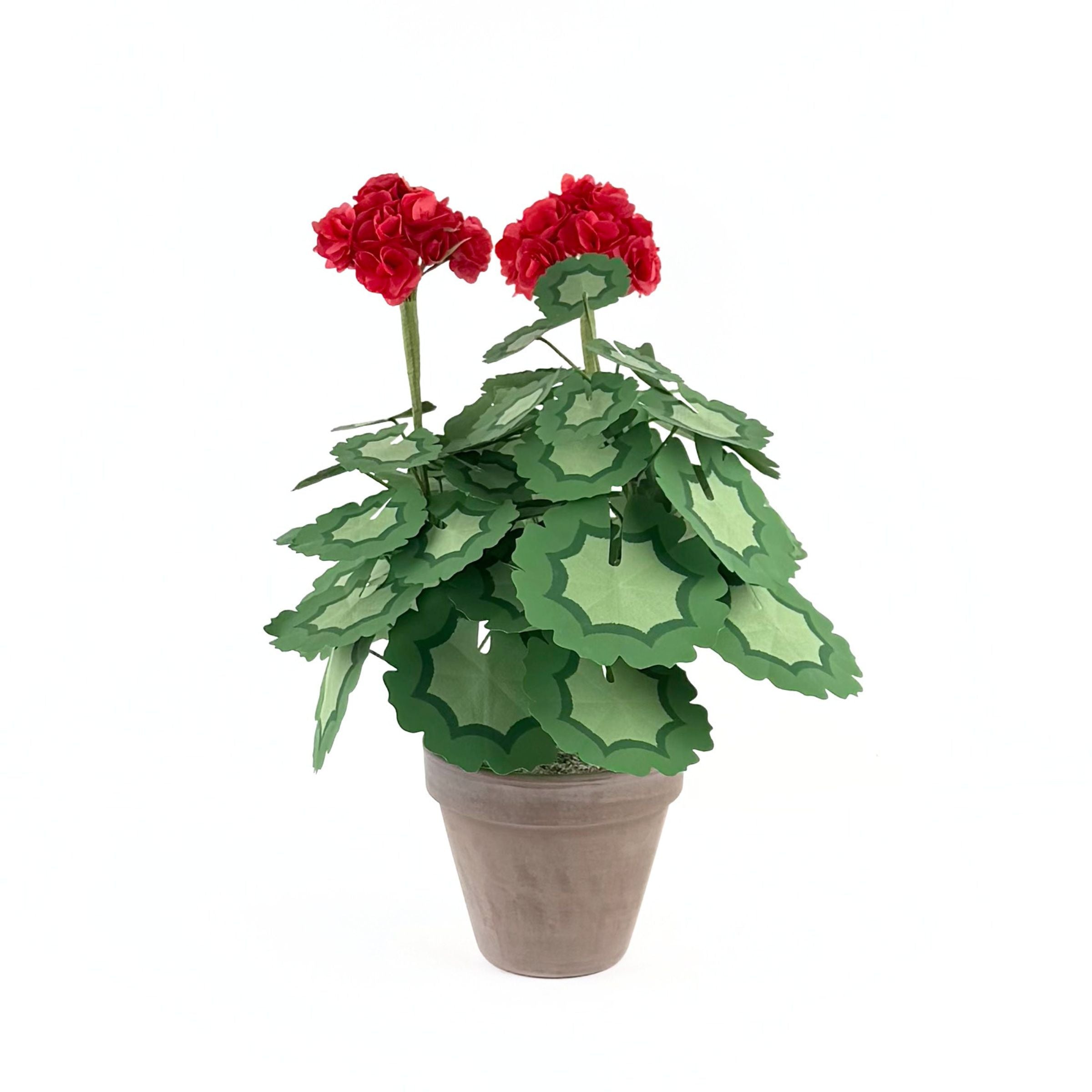 Artificial red geranium plant in a brown pot with layered green leaves, displayed on a white background