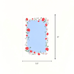 Blue menu card with floral border design on a white background with black arrows denoting the dimensions 8" x 5.5"
