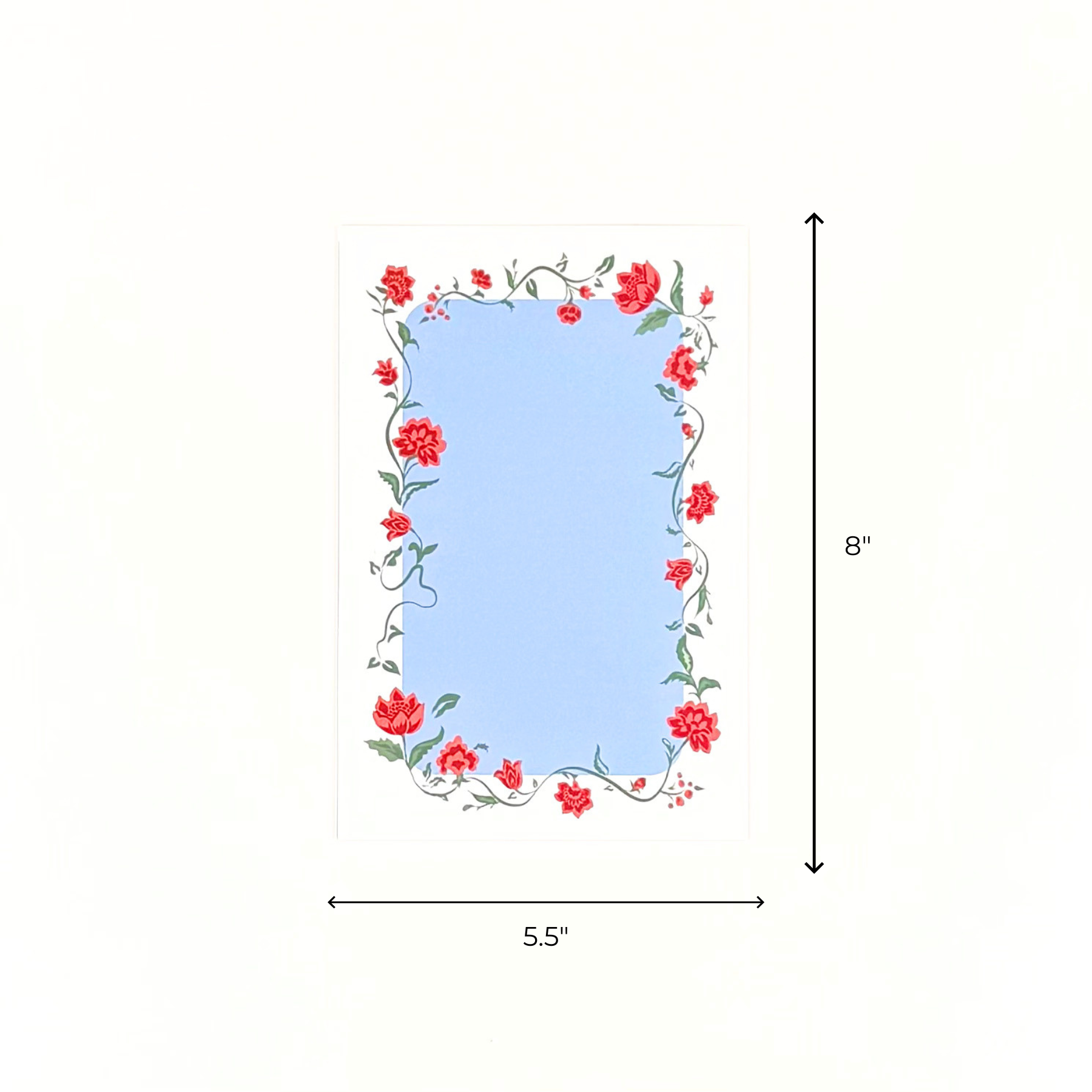 Blue menu card with floral border design on a white background with black arrows denoting the dimensions 8" x 5.5"