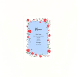 Blue menu card with floral border design on a white background