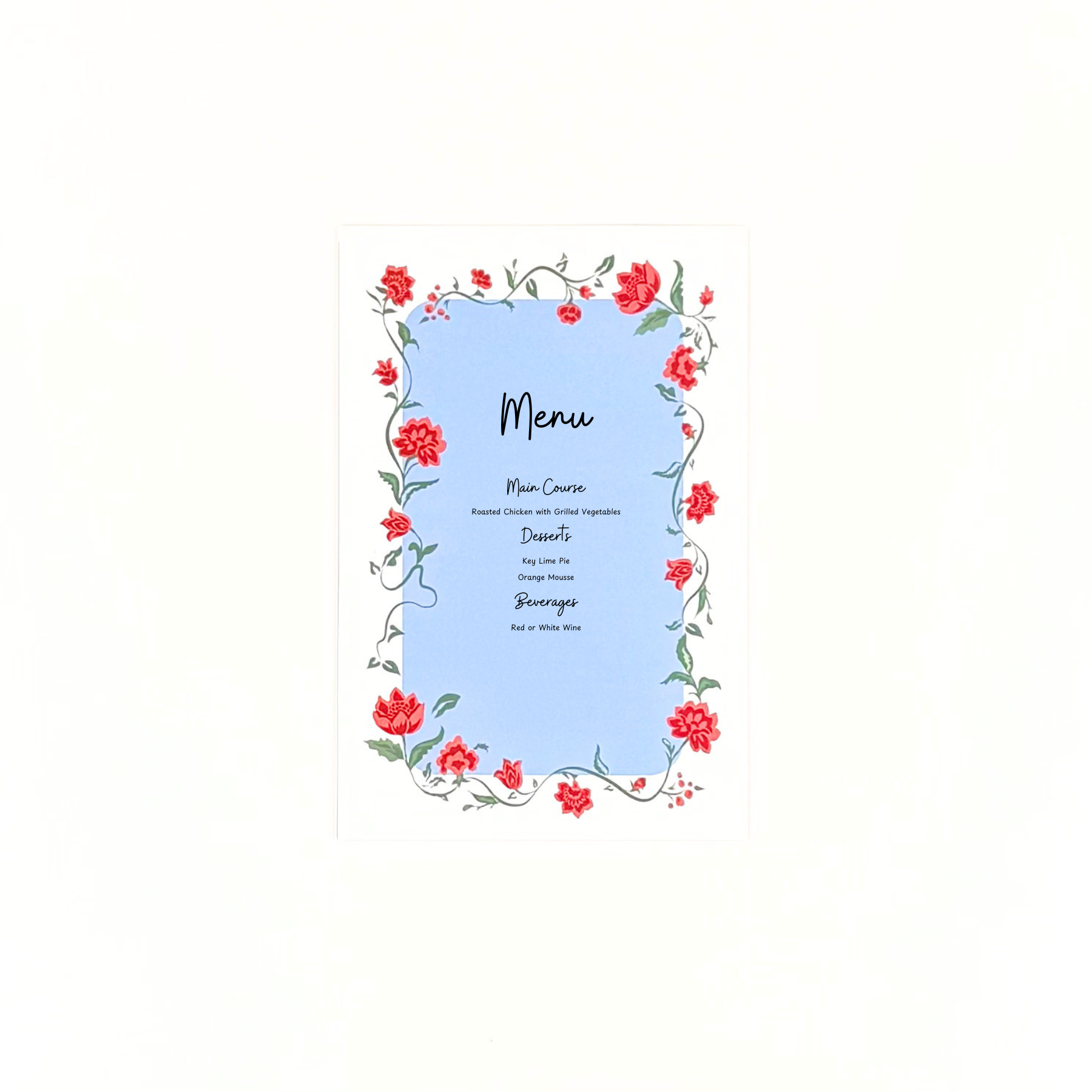Blue menu card with floral border design on a white background