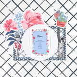 Blue menu card with floral border design on a white background set on a floral pink and blue tablescape