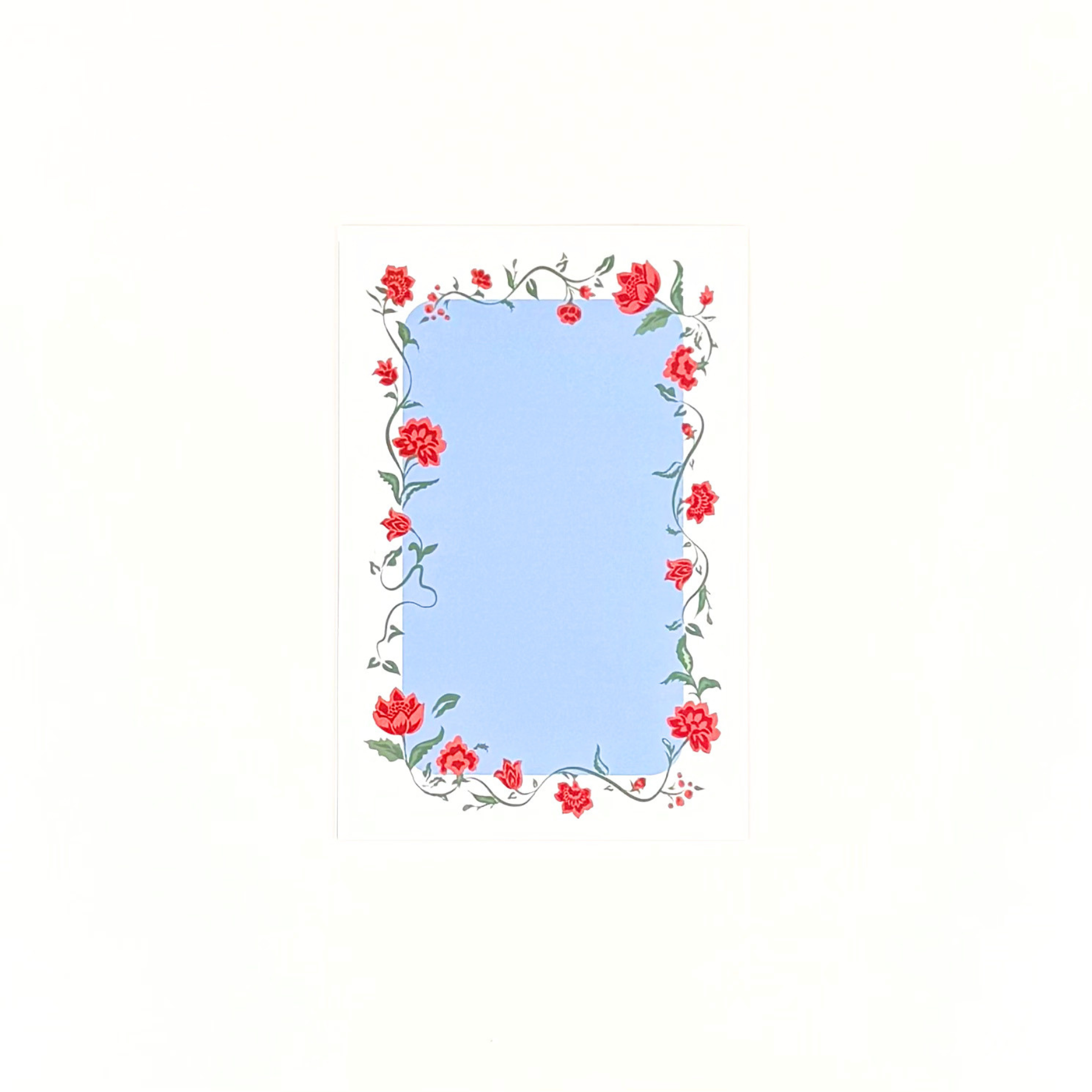 Blue menu card with floral border design on a white background