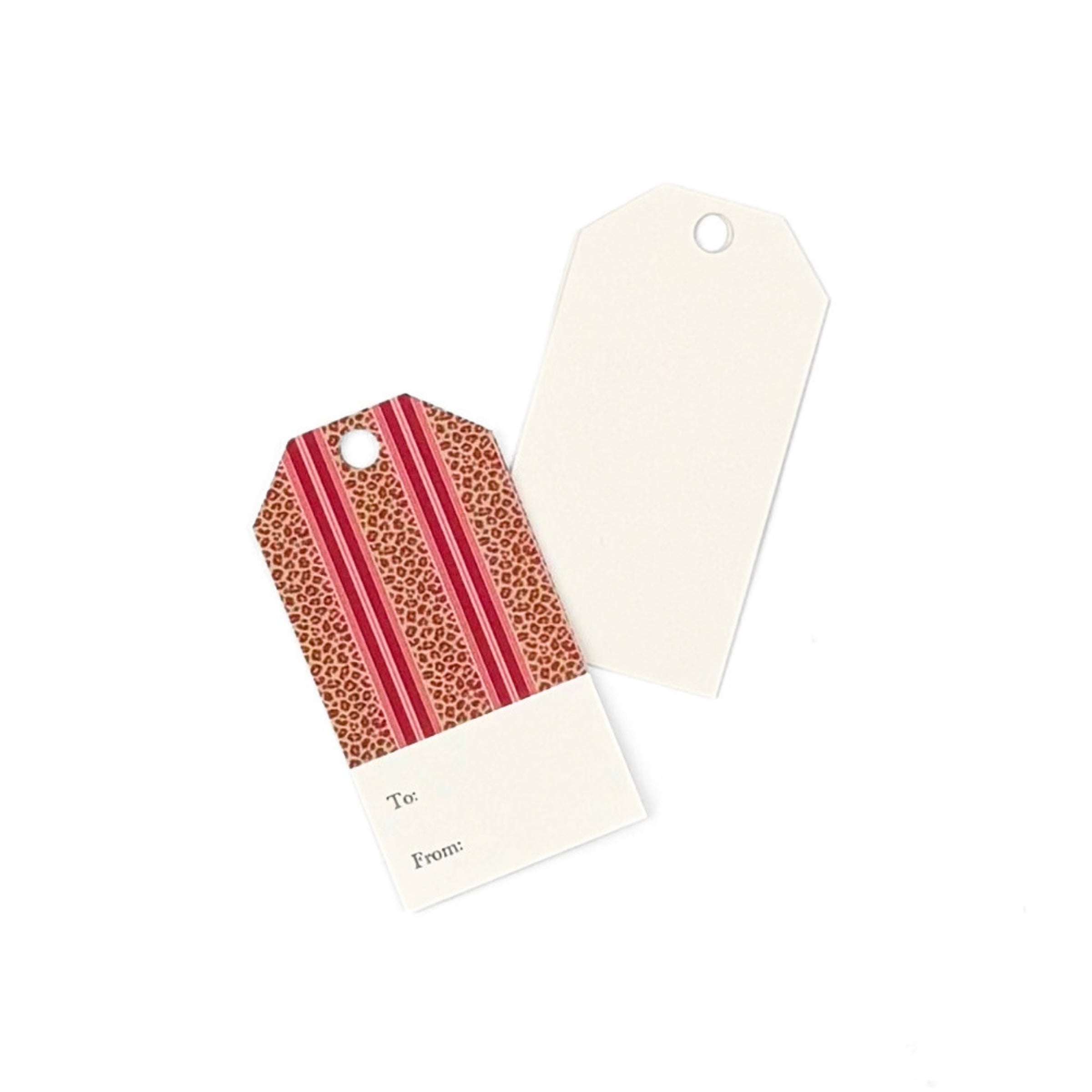 Red Stripe Leopard gift tags featuring bold leopard prints, red stripes, and personalized gifting fields.