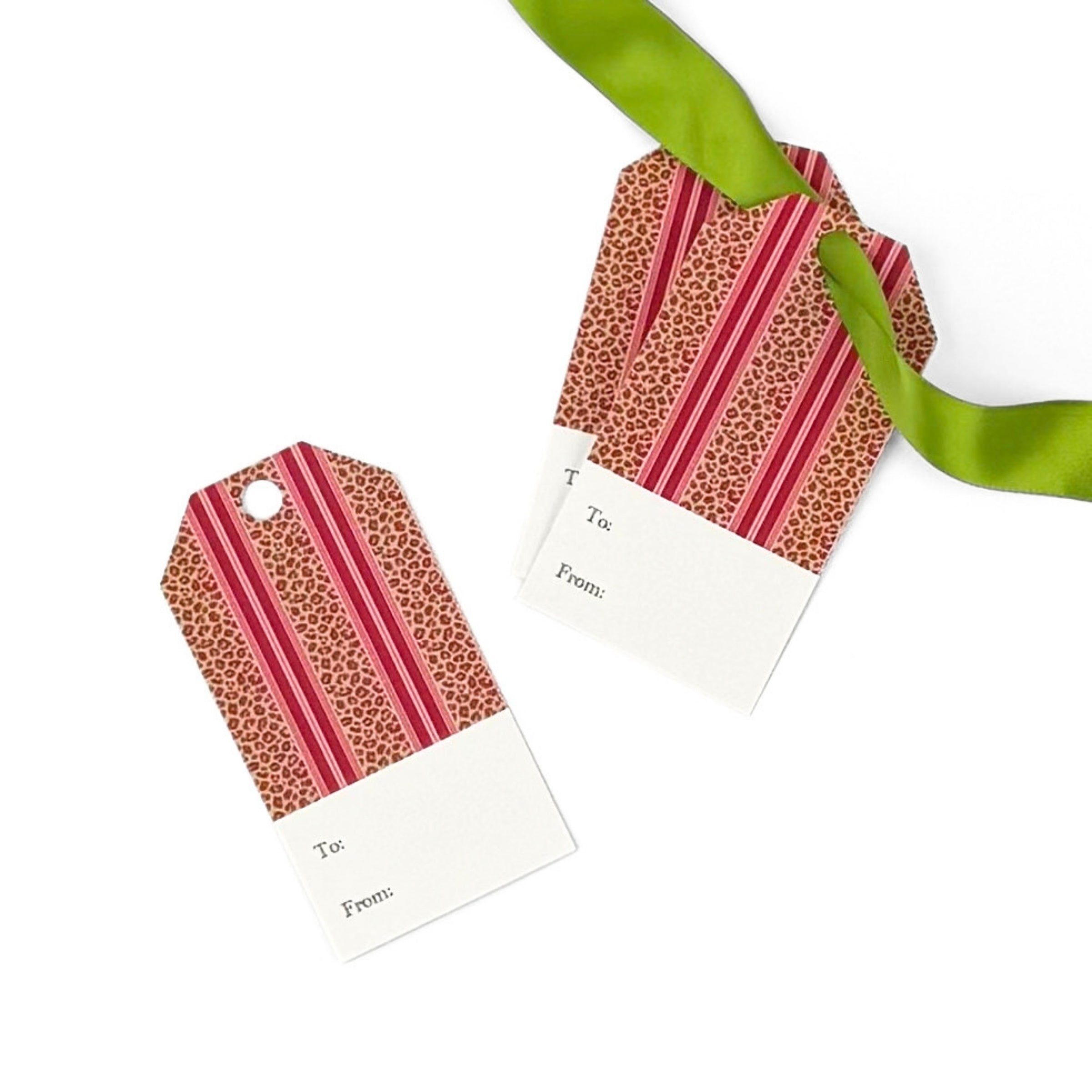 Red Stripe Leopard gift tags featuring bold leopard prints, red stripes, and personalized gifting fields.