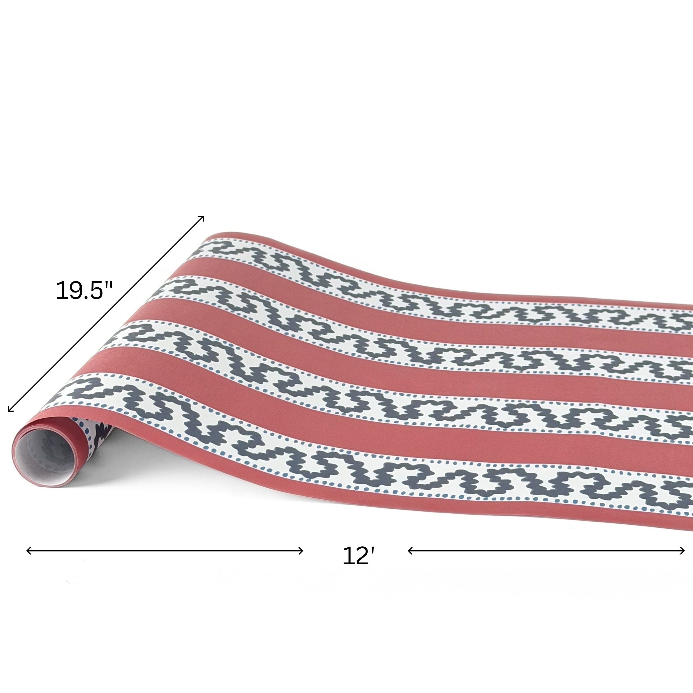 Harbor Trail red, white and blue paper table runner measuring 12 feet long and 19.5 inches wide.