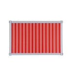 A rectangular patriotic paper placemat featuring red white and blue vertical stripes with decorative blue border details on a white background.