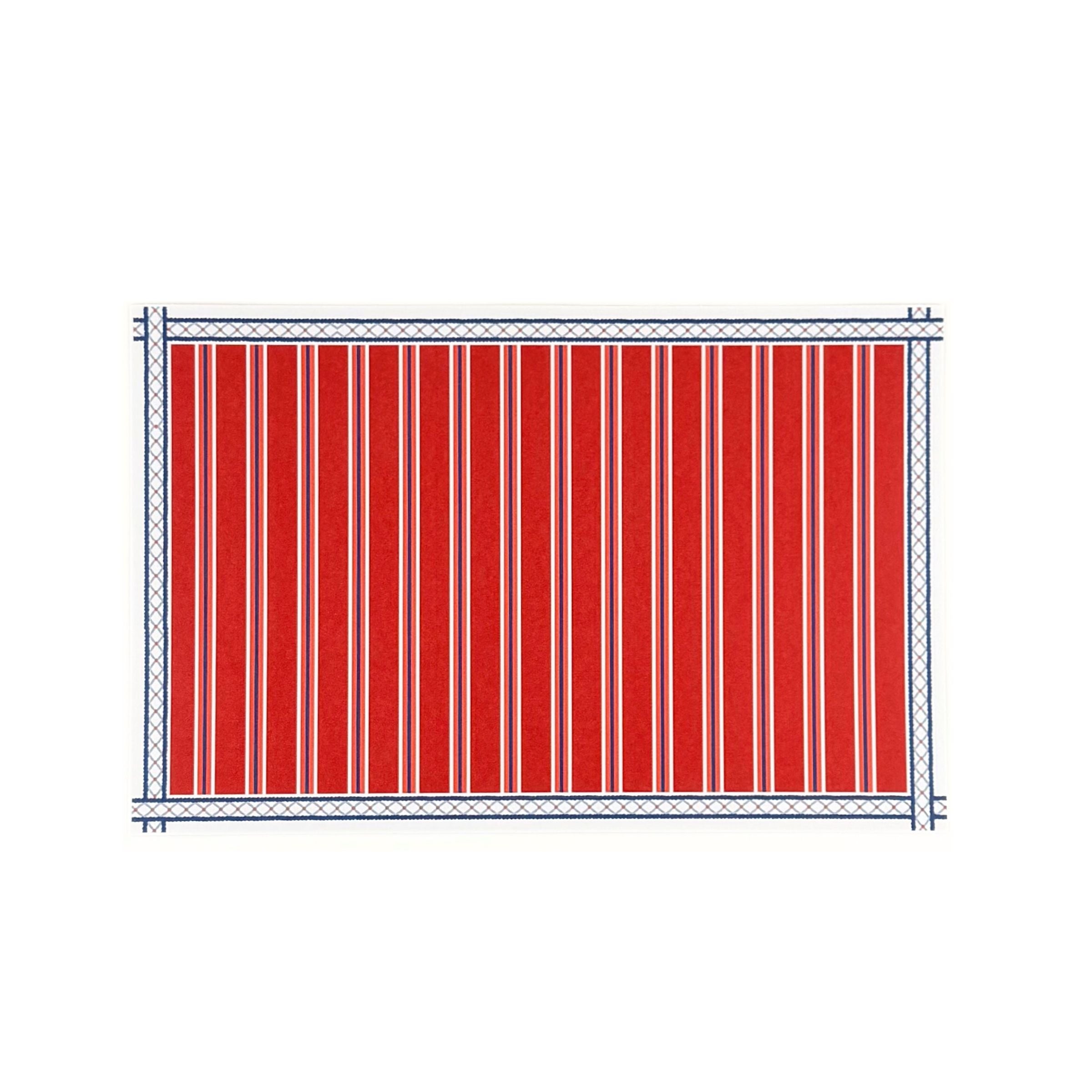 A rectangular patriotic paper placemat featuring red white and blue vertical stripes with decorative blue border details on a white background.