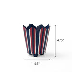 A scalloped top, red white and blue striped cachepot showing the dimension of 4.75" by 4.5" on a white background