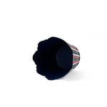 The inside view of scalloped top, red white and blue striped cachepot on a white background